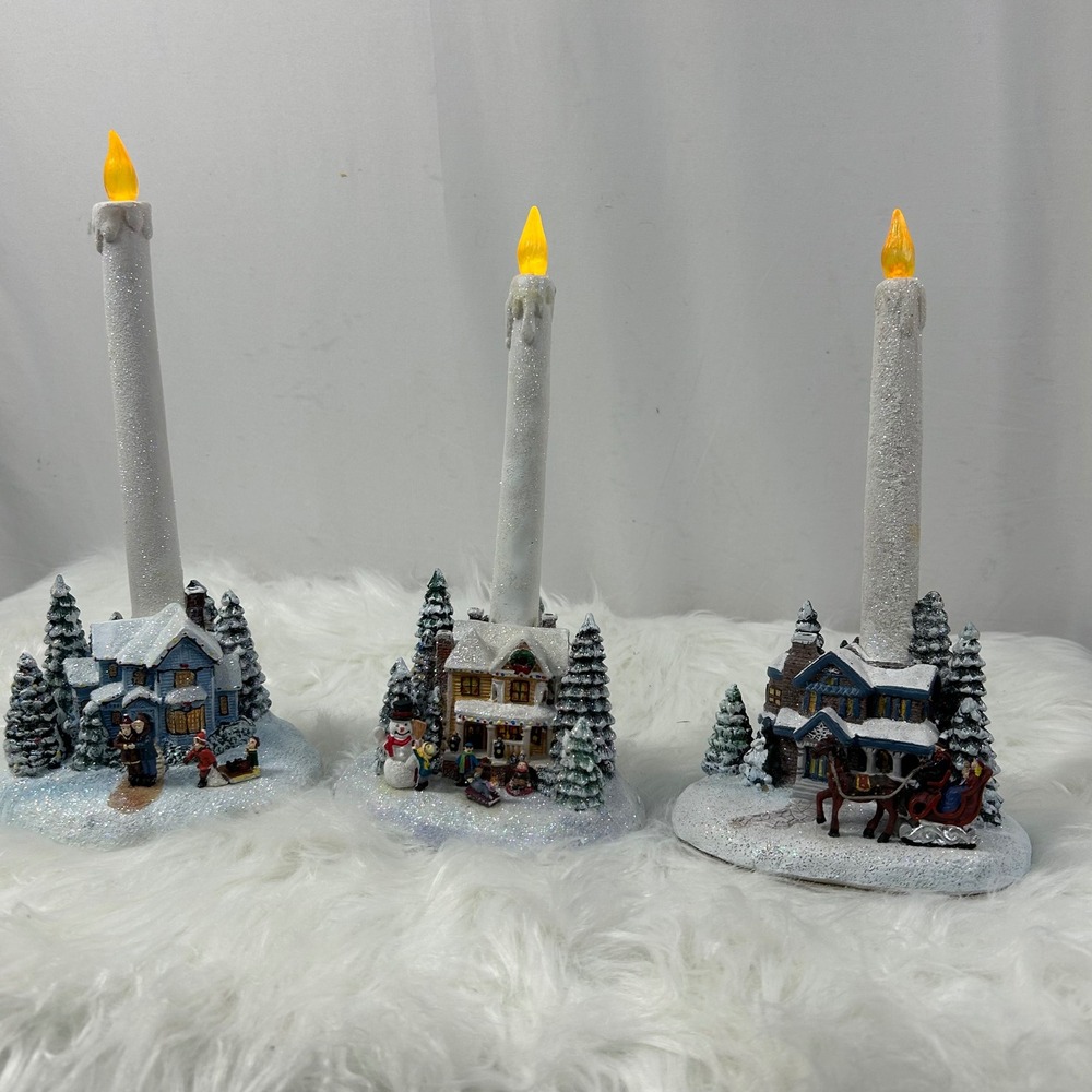 Thomas Kincaid Christmas Village Candle‎ Holders  3 Lighted Holiday Decoration